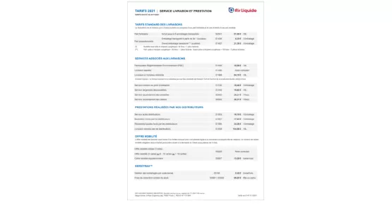 Tarifs 2021 Air Liquide