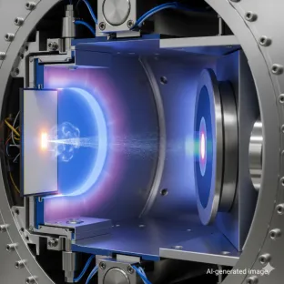 Vue en coupe d'un processus de dépôt physique en phase vapeur (PVD) avec un plasma de krypton. Le gaz est utilisé pour le revêtement de matériaux, améliorant leurs propriétés avec des dépôts de haute qualité.