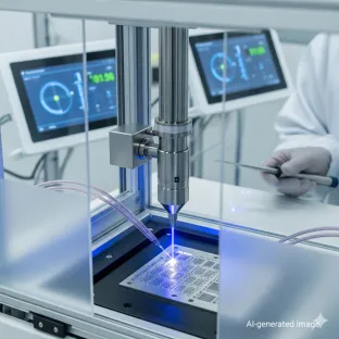 Système laser de laboratoire en action, utilisant du krypton comme gaz de remplissage. L'image illustre son rôle dans les lasers excimères pour la lithographie et la calibration de haute précision dans la recherche scientifique.