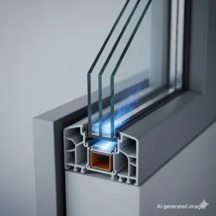 Coupe transversale d'un double vitrage avec du gaz krypton entre les couches de verre. Ce visuel démontre l'utilisation du krypton pour une isolation thermique supérieure et une efficacité énergétique accrue dans les bâtiments.