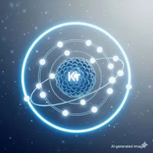 Représentation scientifique d'un atome de Krypton (Kr). L'image se concentre sur sa structure atomique, mettant en évidence sa densité et sa stabilité, des propriétés clés pour des applications telles que l'isolation thermique et les lasers scientifiques.