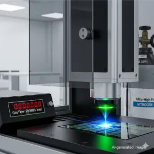 Système laser de précision en action sur une puce électronique. Le néon est utilisé comme gaz porteur dans les lasers excimères pour la photolithographie et le traitement des métaux, mettant en évidence son rôle dans les industries de haute technologie.