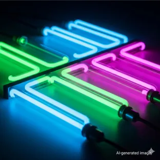 Tubes néon lumineux aux couleurs vives (bleu, vert, rose) pour enseignes de signalisation. Le néon, gaz rare, est utilisé dans l'éclairage publicitaire et la décoration pour sa lumière intense et sa faible consommation.