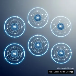 Représentation visuelle de la famille des gaz rares, incluant l'hélium, le néon, le krypton, le xénon, l'argon et le radon. L'image illustre de manière stylisée leur nature monoatomique et leur inertie chimique, des propriétés fondamentales qui les rendent uniques pour de multiples applications technologiques et industrielles.