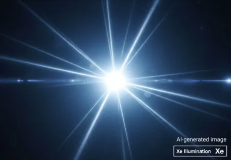 Phare de voiture moderne avec un faisceau de lumière au xénon puissant. Ce visuel met en avant l'intensité et la clarté de l'éclairage au xénon, un gaz rare utilisé dans les feux de véhicules et les lampes à décharge.