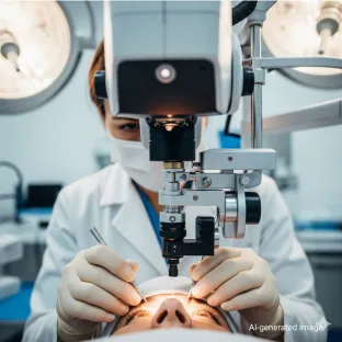 Chirurgien ophtalmologiste utilisant un laser au xénon pour une chirurgie réfractive. L'image montre la précision et la sécurité de l'utilisation du xénon, un gaz rare, dans les lasers médicaux pour les applications en ophtalmologie et anesthésie.