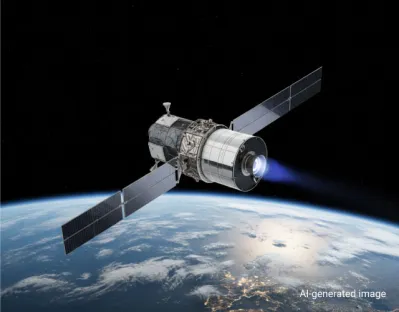 Satellite en orbite terrestre utilisant un système de propulsion ionique au xénon. Le gaz xénon est un propulsif idéal pour le spatial grâce à sa densité élevée, assurant un maintien en orbite de longue durée et des manœuvres précises.