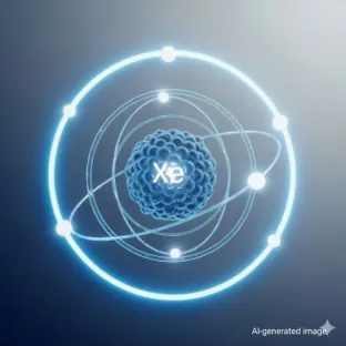 Représentation scientifique d'un atome de Xénon (Xe). L'image se concentre sur sa structure atomique, en mettant en évidence sa stabilité et sa nature inerte, des propriétés essentielles pour son utilisation dans des domaines de pointe comme la recherche, les semi-conducteurs et l'imagerie médicale.