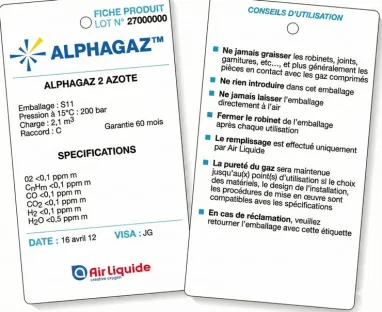 Fiche de spécifications (ou Fiche Produit) jointe aux bouteilles de gaz purs