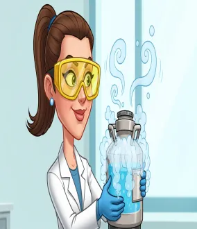 Scientifique en blouse blanche et lunettes de protection manipulant un récipient de cryoconservation avec de l'azote liquide.
