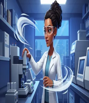 Scientifique en blouse blanche et lunettes de sécurité travaillant avec un équipement de laboratoire sophistiqué.