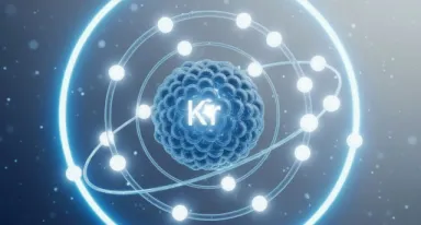 Représentation scientifique d'un atome de Krypton (Kr). L'image se concentre sur sa structure atomique, mettant en évidence sa densité et sa stabilité, des propriétés clés pour des applications telles que l'isolation thermique et les lasers scientifiques.
