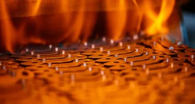 Traitement thermique de pièces métalliques sous flammes sur un convoyeur industriel.